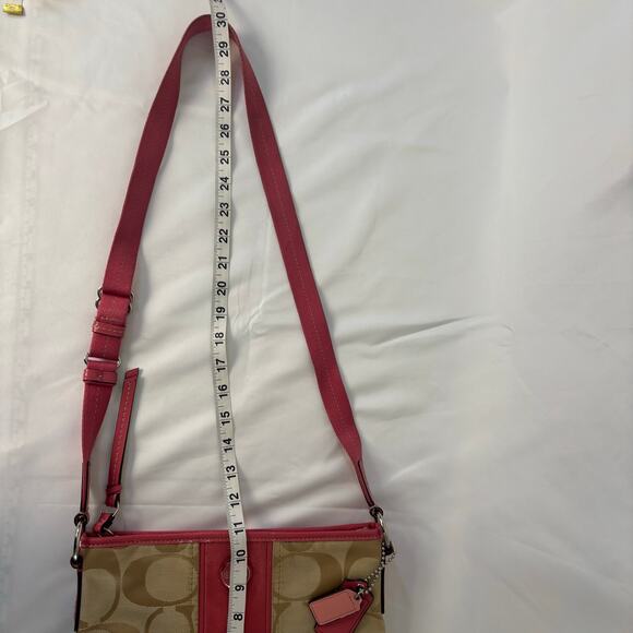 Coach Signature Stripe Duffle Crossbody Bag Khaki Jacquard Pink Patent Leather - Picture 11 of 12